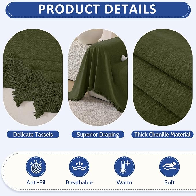 Chenille Couch Cover for Dogs, Boho Sofa Cover Washable Couch Cover, 3 Cushion Sofa Cover, Pet Throw Blankets for Couches with Tassel Furniture Protector Covers,71"×134",Grass Green - Image 5