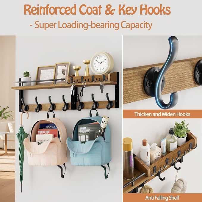 29 inch Coat Rack Wall Mount with Shelf, Entryway Wall Shelf with Hooks, Heavy Duty Coat Hanger Wall Mount with Key Holders and Mail Organizer for Living Room, Bedroom, Wooden Brown & Black - Image 5