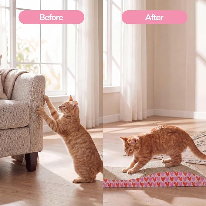 Eero 32" Modern Foldable Lounge Cat Scratcher with Catnip, Large Corrugated Cardboard Sofa Scratching Pad for Indoor Cats, Hearts, Pink CSR1011F - Image 7