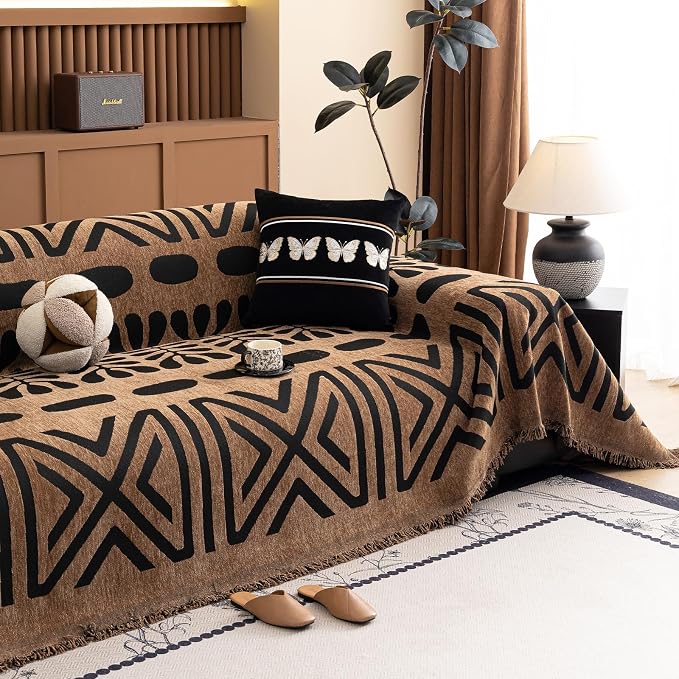 VClife Couch Cover Bohemian Morroccan Sofa Cover Washable Sofa Slipcover for 3-4 Cushion Couch Sofa Non Slip Soft Chenille Furniture Protector Modern Brown Black Slip Cover for Couch 71''x150'' - Image 6