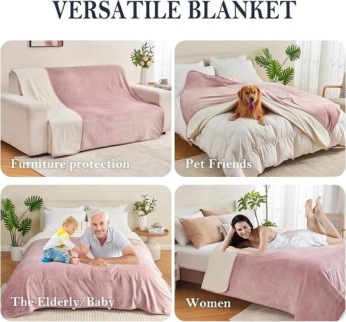 Waterproof Blanket 80"x90" for Adults, Reversible Waterproof Bed Cover for Dogs Cats Pets, Soft Leakproof Blanket for Bed Couch Sofa Furniture Protector, Dusty Pink/Off White - Image 3