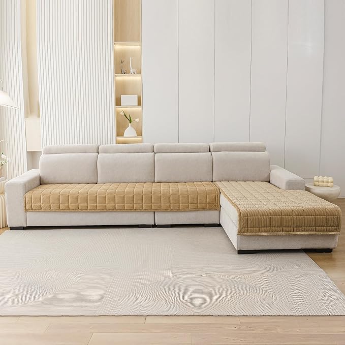Velvet Couch Covers for Sectional Sofa Washable, Non-Slip L Shaped Sectional Couch Cover, Soft Pet Couch Covers for Sofa, Furniture Slipcovers for 3 Cushion Couch(1PC,35"x94",Light Brown) - Image 4