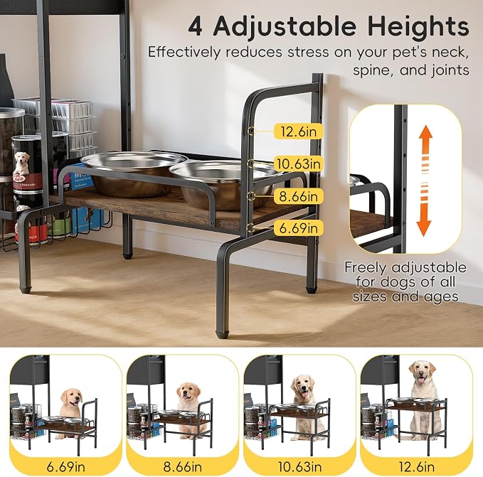 Dog Feeding Station Storage Organizer with Elevated Dog Bowl Stand | Adjustable Elevated Dog Bowl Stand, Large Toy Bin Basket, Lifted Food and Water Bowl Holder for Large Medium Small Breed - Image 2