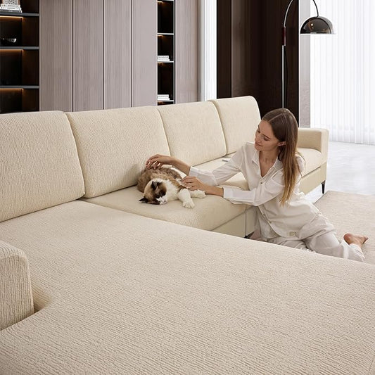 Couch Cushion Covers Chaise Couch Cover Stretch Sectional Sofa Slipcover Washable Wear-Resistant Furniture Protector(Natural,1 Piece for Chaise or Sofa 3-Seater) by Jialudora