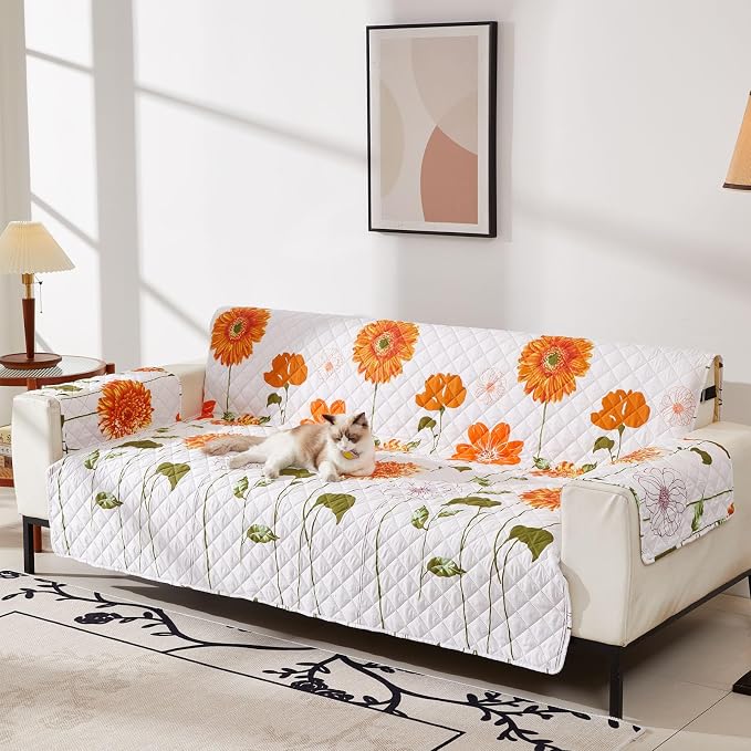 EVENHUG Sofa Cover for 3 Cushion Couch Sunflower Sofa Slipcover Washable 3 seat Couch Cover Furniture Protector Cover with Elastic Straps for Pets Kids Dog Cat (Sofa,Orange) - Image 3