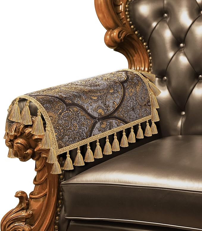 Loom and Mill Luxury Jacquard Sofa Arm Covers 2 PCS, Bronze Gold, 20x24in | Classic Antique Couch Armrest Cover with Tassels, Non-Slip Furniture Protector for Chair Sofa Recliners Couch Dogs Pets by LoomandMill