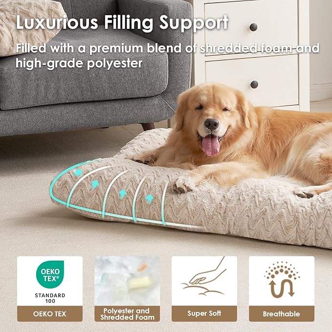 EHEYCIGA Washable Dog Bed for Crate 36x27 Inch, Anti-Slip L Plus Kennel Pad for Dogs Up to 55 lbs, Plush and Comfy Pet Sleeping Mat, Beige - Image 2
