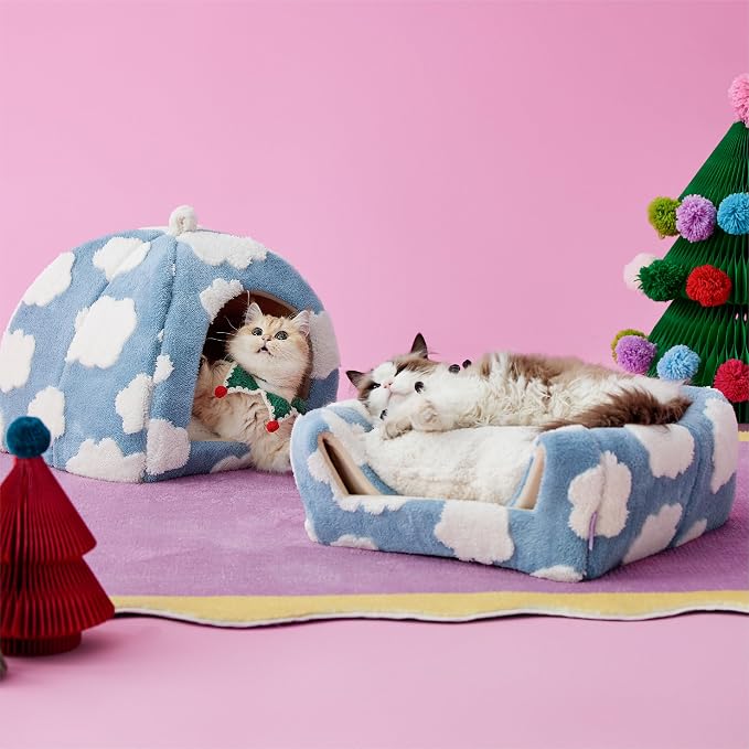 Lesure Cute Cat Beds for Indoor Cats - 2 in 1 Cat Cave Bed for Kittens and Small Pets with Removable Washable Cushioned Pillow, Cozy Kitten Tent with Non-Slip Bottom, Blue, 16 inches - Image 2
