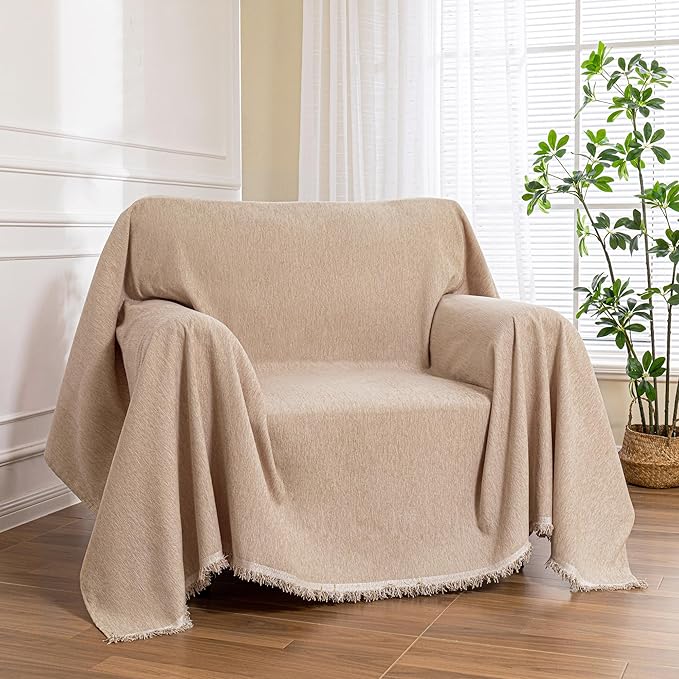 MEETSKY Sofa Covers Armchair Single Couch Cover for Dogs,Throw Couch Cover with Tassel Recliner Chair Recliner Cover Washable 1 Cushion Couch Chenille Couch Protector, 71"x 91", Khaki by MEETSKY