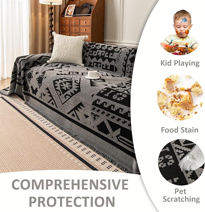 VClife Boho Couch Cover, Aztec Sofa Cover for Dog, Non Slip Washable Couch Covers for 3-4 Cushion Couch Sofa, Reversible Triangle Geometric Futon Cover Furniture Protector (Black-Grey, 71" x 150") - Image 4