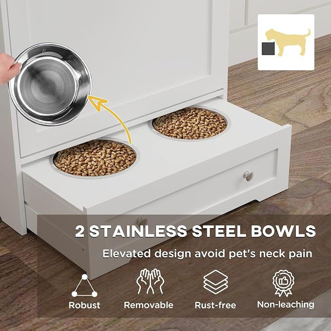 PawHut Dog Feeding Station, 2 Storage Cabinets, Elevated Dog Bowls, White | Side Hooks, Anti-tip Kit, Hidden Pet Feeder Station for Feeding & Watering - Image 6
