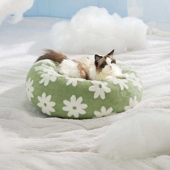 LE SURE Shown on TV Donut Cat Beds for Indoor Cats - Round Small Dog Bed Calming Gift for Pets, Cute Modern Home Decor Beds with Jacquard Shaggy Plush & Anti Slip Bottom, 20 Inch, Green - Image 7