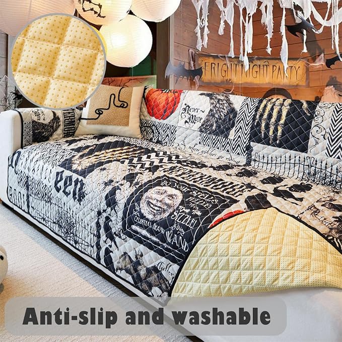 Cmfshape Halloween Sofa Slipcover-Black with Pumpkin,Crow,Skull,Pet Friendly Couch Covers for 3 Cushion Sofa,Washable Sofa Protector for Holiday,Anti-Slip with Elastic Band - Image 7