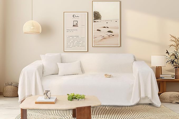 Luxury White Soft Thick Slub Chenille Couch Cover Large 71x118 in | for All Shape Sofa Couch, Slub Furniture Protector Machine Washable, White Sofa Slipcover for Dogs Pets Kids by TOYROOM