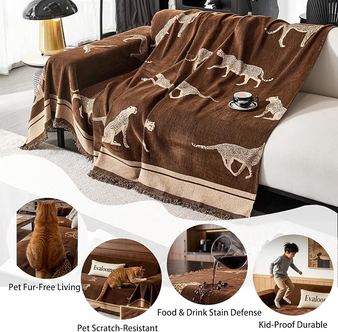 Leopard Print Chenille Sofa Cover Throw Blanket, Non-Slip Furniture Protector with Tassel Edges, Machine Washable, Pet & Kid Friendly for Living Room (Brown) (71"x165") - Image 2