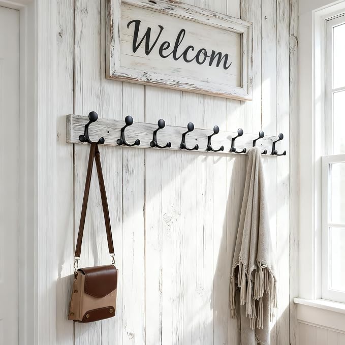 SKOLOO 43-Inch Wood Coat Rack Wall Mount with 8 Triple Hooks - Ideal for Family Entrances, Classrooms, and Pet Supplies Storage - Perfect Coat Hooks for Wall,Distressed White Wash, Pack of 2 - Image 2