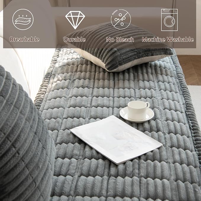 Thick Pet Couch Covers for Sofa (27.6"x70.9",Stripe Grey) | Soft Sofa Covers for 3 Cushion Couch, Machine Washable，Non Slip Sofa Cover, Flannel Dog Pet Friendly Couch Covers Protector - Image 4