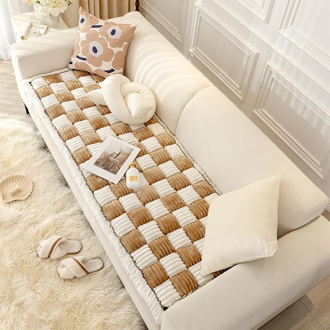 Fuzzy Couch Cover for Dog, Modern White Khaki Checkered Couch Cushion Cover | Non Slip Couch Cover for 2 Cushion Couch Sofa Pet Friendly, Washable Sofa Cover Durable Anti-pilling Furniture Protector - Image 9