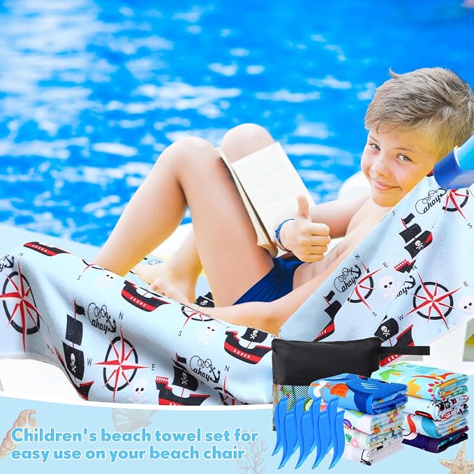 Tingjoo 24 Pcs Kids Microfiber Beach Towel Set 8 Beach Towels Bulk with 8 Storage Bags 8 Beach Ties 30" x 60" Unicorn Mermaid Dolphin Flamingo Quick Dry Towel for Pool Swim Bath Picnic Camping (Boys) - Image 5