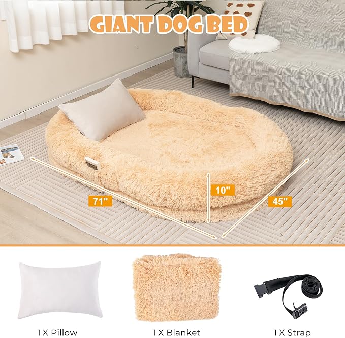 Giantex Human Dog Bed - 71" x 45" Large Human Size Dog Bed for Adult, Orthopedic Egg Crate Foam, Washable Faux Fur Bed Cover, Blanket, Pillow, for Pets and People Doze Off Napping (Brown) - Image 4