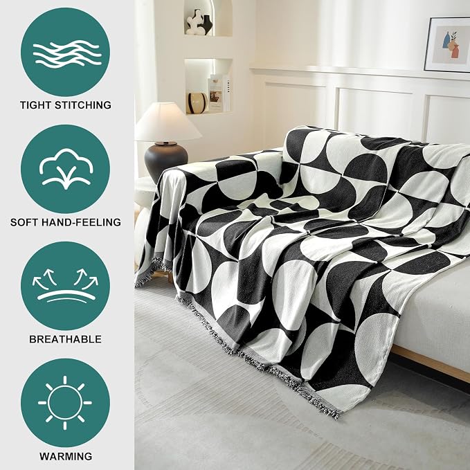 Couch Cover for Sofa, Boho Sofa Cover Washable Couch Cover for Dogs, Pet Sofa Cover for 3-Cushion Couches with Tassel Furniture Protector Cover,71" x 134",Black & White-Half-Round-2 - Image 3
