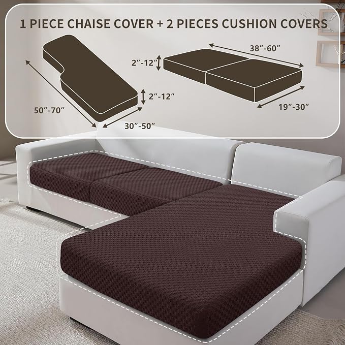 YEMYHOM Couch Cushion Covers for Sofa, Stretch Sectional Couch Seat Cushion Covers Washable Thick Furniture Protector Sofa Slipcovers for Pets (2 Seater + 1 Chaise, Dark Coffee) - Image 2