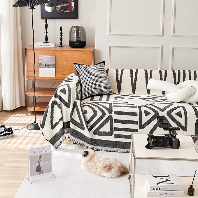VClife Boho Couch Cover for Dog, Cooling Chenille Sofa Cover for Oversize Couches, Non Slip Washable Couch Protector for Pet Throw Cover for Couches and Sofas, White-Black, 71"X150" - Image 4