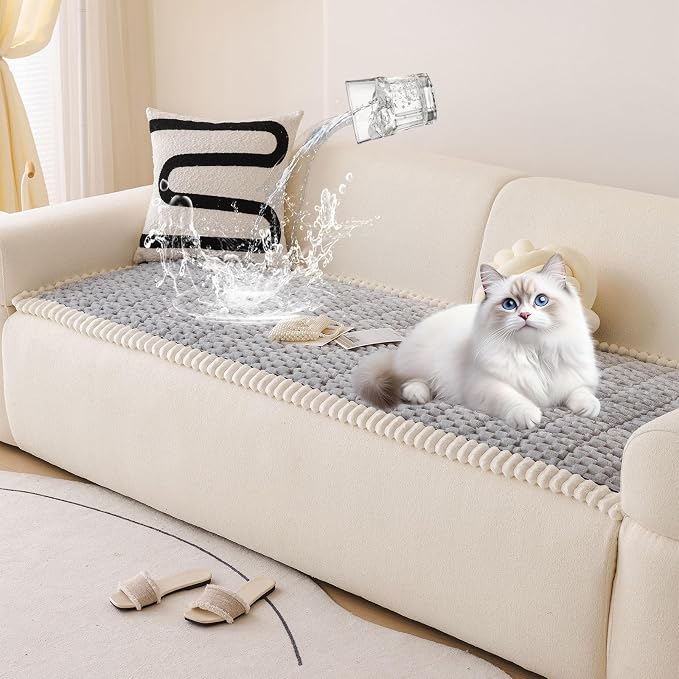 STACYPIK Waterproof Gray Sofa Cover for Dogs, Non Slip Pet-Scratch Resistant Couch Cover Sectional, Loveseat Slipcover for 2 Cushion Couch, Washable Plush Fluffy Coral Throw Slipcover-27.6X59.1IN by STACYPIK