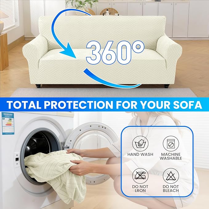 Stretch Sofa Cover Non-Slip Washable Furniture Protector | Stretch, 71"-91".Soft, Non Skid Foam, Elastic Bottom, Machine Washable, for Kids & Pets, Couch & Sofa, Beige Yellow - Image 8