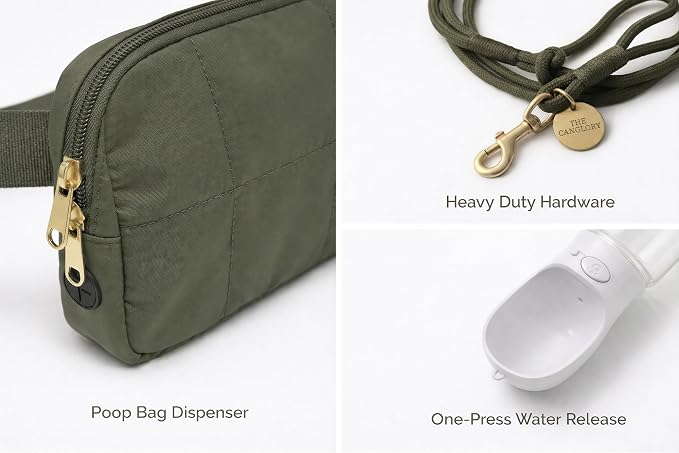 Dog Walking Fanny Pack, 4-in-1 Dog Walking Accessories Kit with Crossbody Dog Walking Bag, Hands-Free Rope Leash, 12oz Water Bottle & Poop Bag Dispenser, Treat Pouch for Training (Olive Green) - Image 4