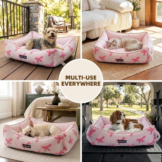 Mora Pets Reversible Pet Beds for Small Dogs Large Cat Bed Washable - Cool & Warm 2-in-1 Anti Anxiety Dog Bed for Summer, Rectangle Puppy Bed with Cute Pink Bow (25''x21''x7'') - Image 6
