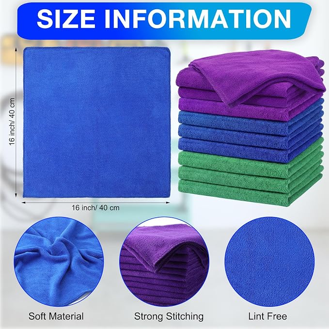 Nuenen Cleaning Cloths for Cars 16 x 16 Inch Ultra Absorbent Towels Drying Microfiber Reusable Cleaning Supplies House Kitchen Window Microfiber Towel (Purple,Blue,Green,60 Pcs) - Image 3