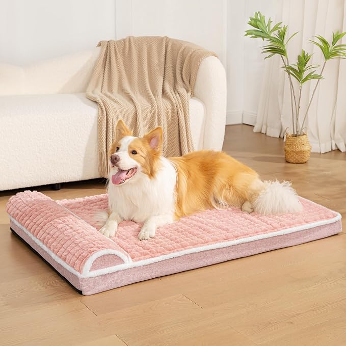 Orthopedic Medium Dog Bed Pillow Pet Sofa Bed 30''X20'' Pink | Egg-Crate Foam Pet Couch Medium Size Dog, Waterproof Removable Washable Cover,Furry Puppy Crate Mat With Nonskid Bottom - Image 2