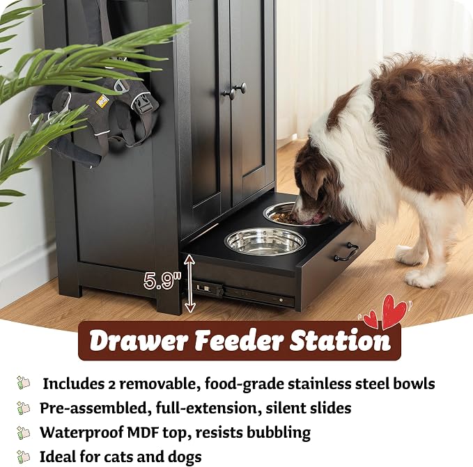 ALINE FURNITURE Dog Feeding Station with Storage Cabinet and 2 Elevated Dog Bowls, Hidden Pet Feeder Station Wood, Dog & Cat Storage Organizer, Black - Image 2