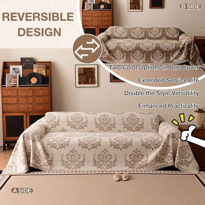 STACYPIK Vintage Floral Sofa Cover for Dogs, Versatile Couch Cover Blanket | Beige, Thick Chenille, Washable Jacquard Couch Protector for 3 Cushion Couch/Loveseat/Sectional Sofa, Pet Friendly-71"x150" - Image 5