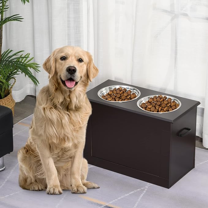 PawHut Raised Pet Feeding Storage Station with 2 Stainless Steel Bowls Base for Large Dogs and Other Large Pets, Coffee | with2 Stainless Steel Bowls Base for Other Large Pets - Image 2
