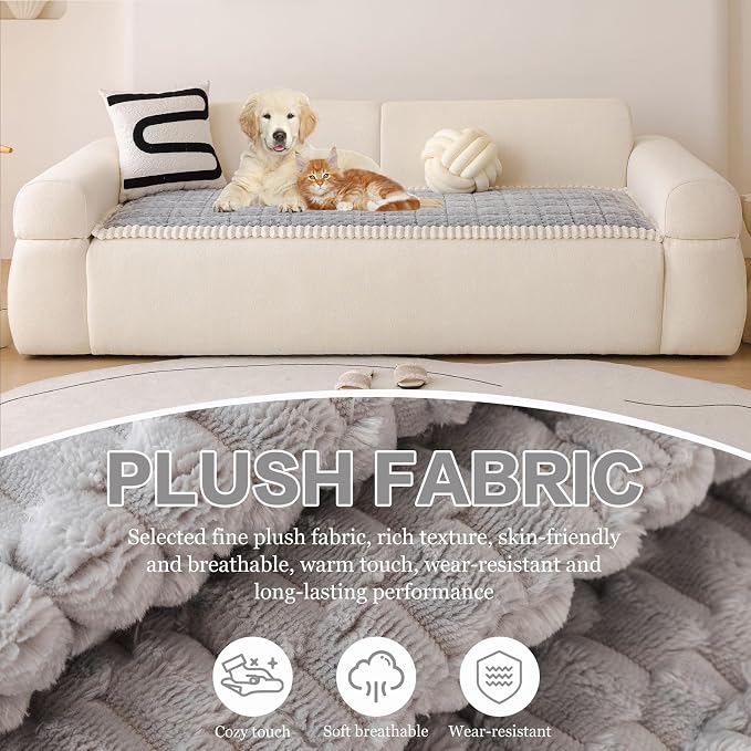 DREAMINGO Pet Couch Covers for Sofa Non Slip Fuzzy Dog Sofa Covers Washable Geometric Jacquard Couch Cushion Protector Light Grey Pet Bed Mat 27.6x59.1 Inch - Image 2