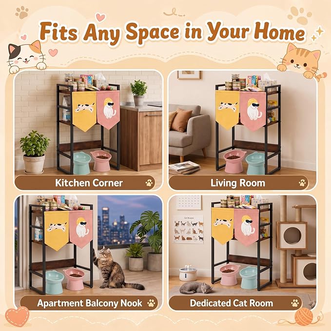 Geelin Cat Feeding Station with Storage, 3-Tier Cat Food Organizer Shelf, Elevated Feeding Area Fits Different Bowl Heights, Space Saving Pet Supply Rack with Decorative Flags(Not Include Bowls) - Image 6