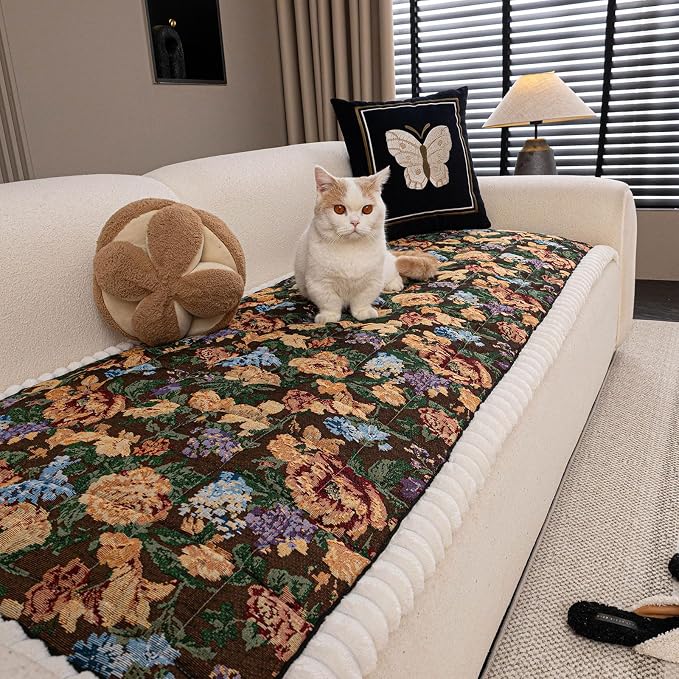 STACYPIK Thick Botanical Floral Pet Sofa Cushion Cover Washable Quilted Jacquard Couch Cushion Cover for 3 Seater Fuzzy Non Slip Couch Seat Slipcover Pet Friendly Mat Bed Garden Chic-27.6X82.7IN by STACYPIK