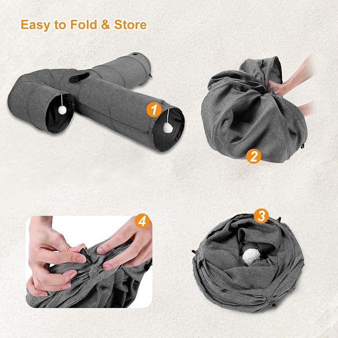 Ownpets Cat Tunnel Large 3 Way Collapsible Cloth Pet Tunnel Tube with Plush Ball & Feather Toy, U-Shaped Cat Play Tunnel for Indoor Cat, Puppy, Kitty, Kitten, Rabbit(Gray) - Image 8