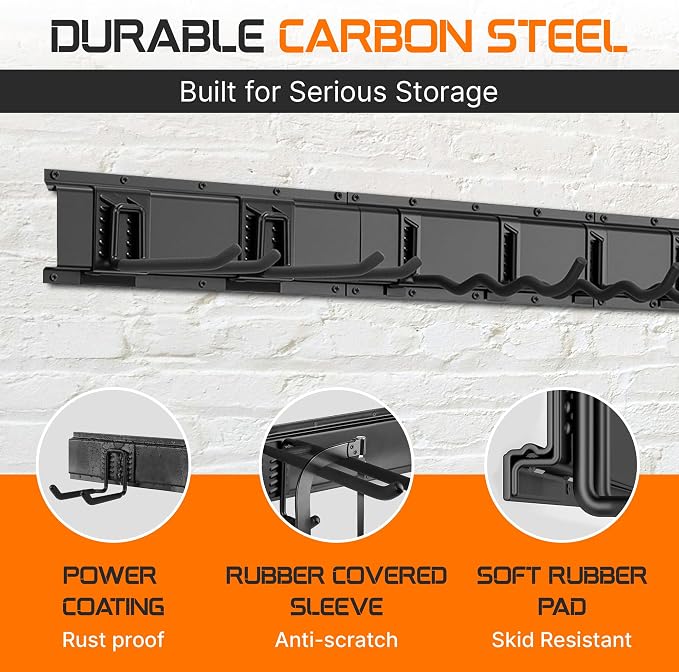 "96 Garage Tool Organizer Wall Mount - Heavy Duty 1020 lbs Metal Storage Rack, Easy Install Adjustable Hooks for Garden Tools Brooms - Image 6
