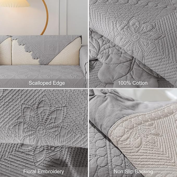 Cotton Quilted Dog Couch Cover for Sofa Farmhouse Rustic Embroidery Sectional Couch Cover Soft Anti-Slip Sofa Slipcover Furniture Protector for Kids, Pets (Grey,28"x70") - Image 7