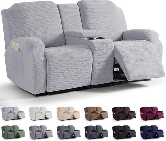 KinCam Loveseat Recliner Covers with Middle Console Slipcover, Silver Gray | Stretch Recliner Sofa Covers for 2 Seat Couch Cover, Jacquard Furniture Protector Covers with Elastic Bottom for Kids, Pets by KinCam