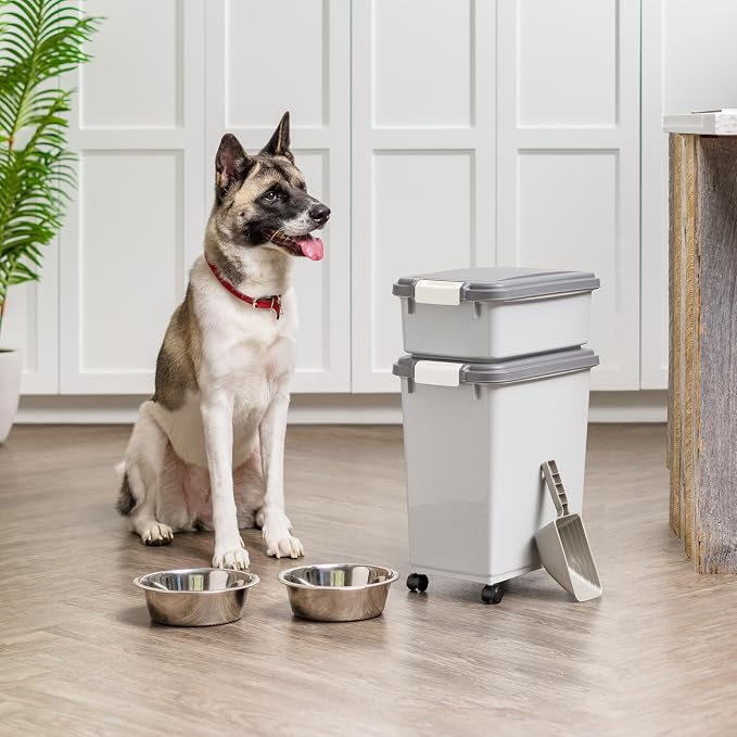 IRIS USA Dog Food Storage Container, 30 lbs & 11 lbs Combo, Cat Food Storage Container, Dog Treat Container, Airtight, Stackable, 2-Cup Scoop, Wheels, Easy Mobility, Gray - Image 5
