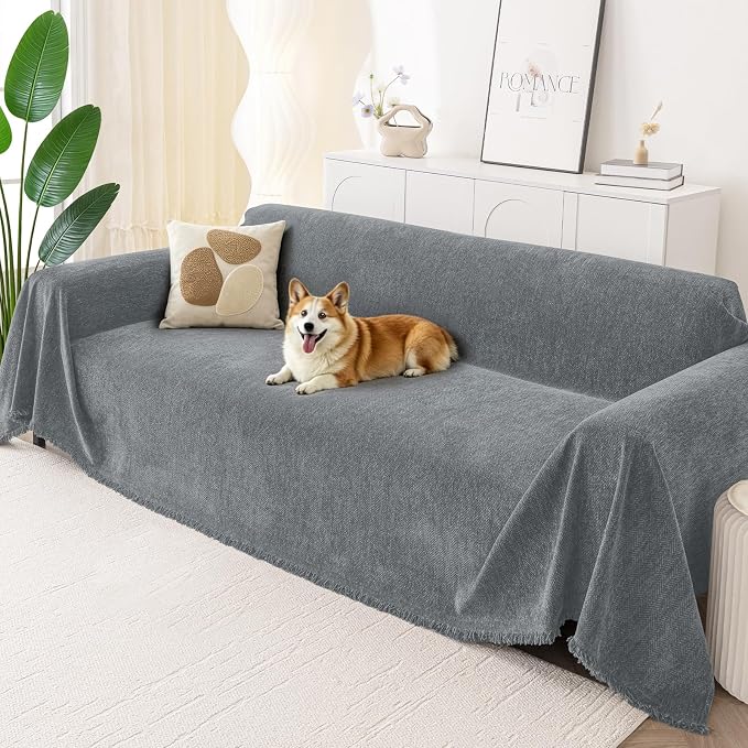Smiry Couch Cover for Dogs, Chenille Sofa Covers for 3 Cushion Couch | Washable Soft Sofa Slipcover for Pets, Thick Sectional Furniture Protector with Tassels (Grey, 88.5x134 Inch) by Smiry