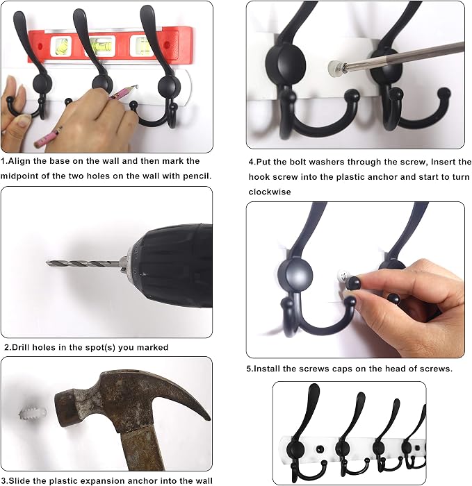 WEBI Coat Rack Wall Mounted,2 Coat Hooks for Hanging Coats,Hook Rack Hook Rail Coat Hanger Wall Coat Rack with Hooks for Clothes,Jacket,Black - Image 8