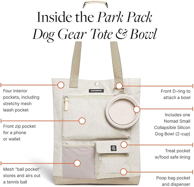 Cleverpup Park Pack 2-Piece Set Dog Gear Tote – Dog Travel Bag with 8 Pockets, Treat Pouch, Poop Bag Dispenser, Quick-Dry Ball Pocket, Collapsible Bowl, Perfect for Walks & Park Trips, Sand - Image 2