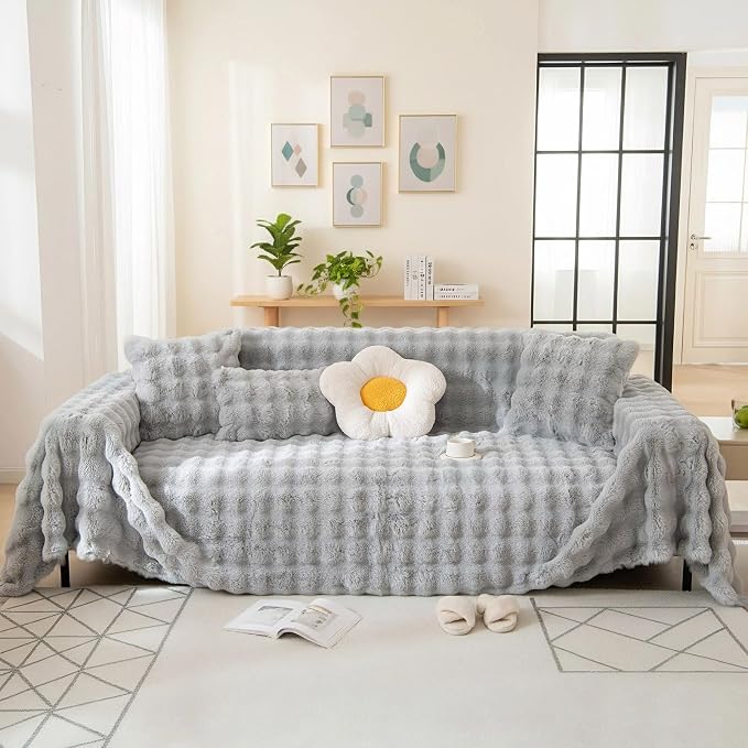Ultra Soft Faux Rabbit Fur Sofa Covers for 1-2 Cushion Couches, Grey | 1 Piece Non-Slip Couch Covers for Home Decor Warm Cozy Sofa Slipcover Washable for L-Shaped Sofas, 71x118 Inches by REYOSGetCozyLife
