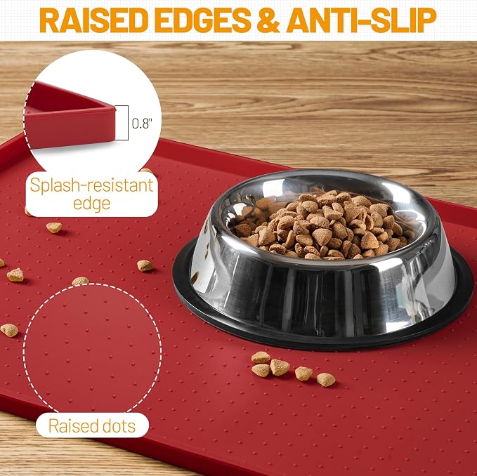 Hubulk Dog Feeding Mat,100% Waterproof Food Grade Silicone Pet Food and Water Bowl Placemat,Dishwasher, High Raised Edge to Prevent Spills,Nonslip Tray to Stop Messes on Floor（28"x18"x0.8", Red） - Image 3