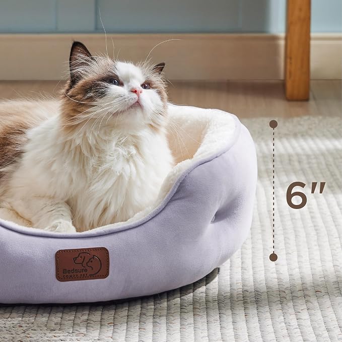 Bedsure Dog Beds for Small Dogs - Round Cat Beds for Indoor Cats, Washable Pet Bed for Puppy and Kitten with Slip-Resistant Bottom, 20 Inches, Misty Lilac | Azure Lilac Soft Plush Pet Bed,Dog Beds for Small Dogs for Puppy and Kittens,Anti-Slip Bottom,E... - Image 5